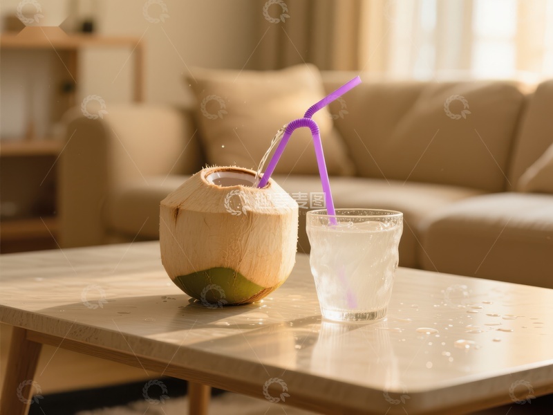高清大图下载【趣麦麦图】客厅桌上椰子水与玻璃杯