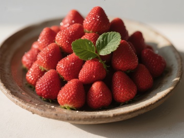 新鲜草莓盛于陶盘中