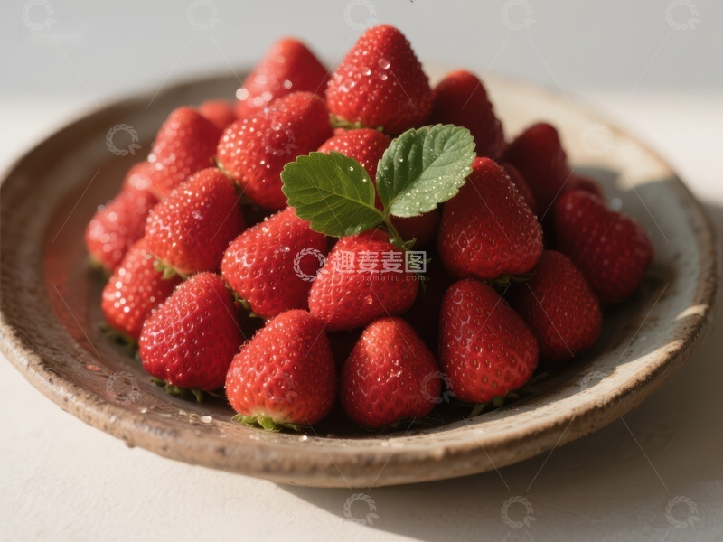 高清大图下载【趣麦麦图】新鲜草莓盛于陶盘中