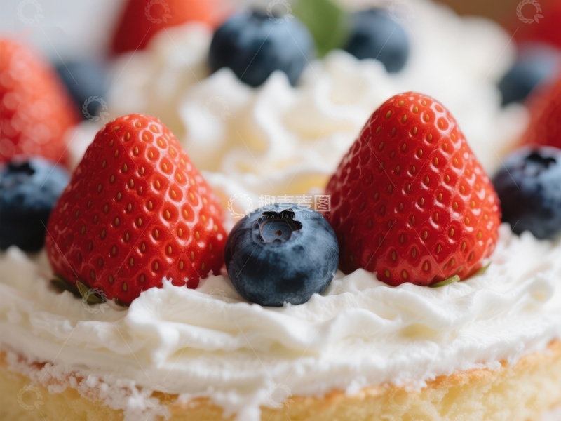 高清大图下载【趣麦麦图】奶油蛋糕上的新鲜草莓和蓝莓