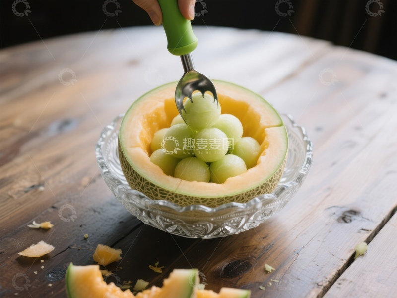 高清大图下载【趣麦麦图】勺子挖取哈密瓜球，置于玻璃碗中