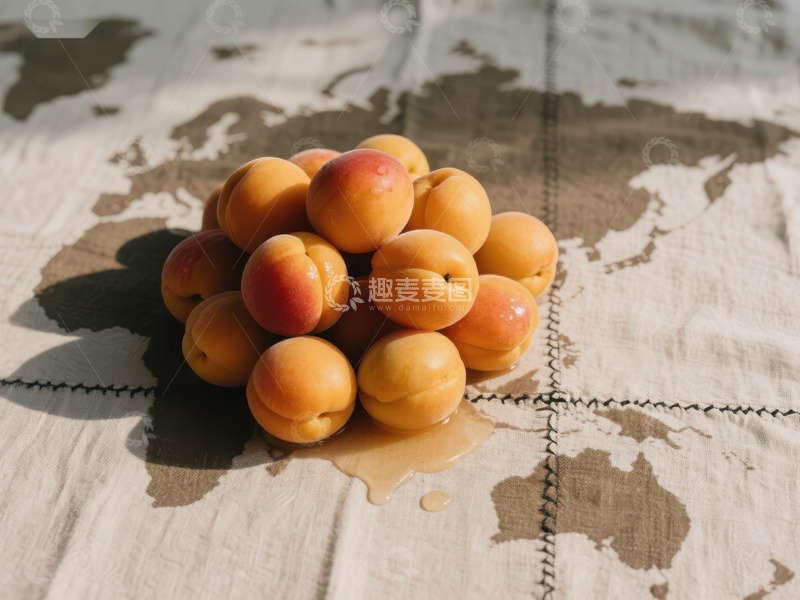 高清大图下载【趣麦麦图】新鲜杏子堆叠在地图布上