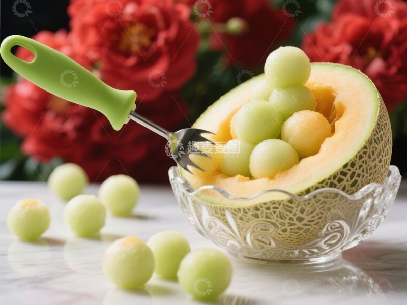 高清大图下载【趣麦麦图】甜瓜球配叉子，花丛背景