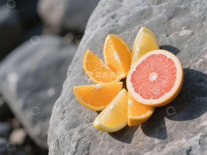 高清大图下载【趣麦麦图】切片柑橘置于岩石之上