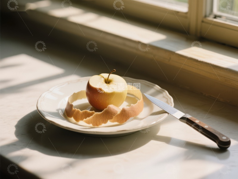 高清大图下载【趣麦麦图】窗边盘中的苹果与刀