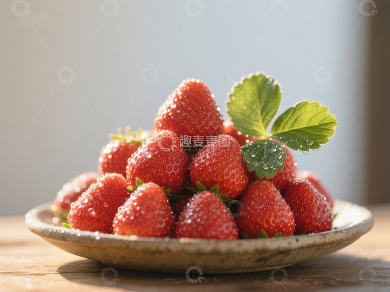 高清大图下载【趣麦麦图】新鲜草莓堆叠在陶盘中