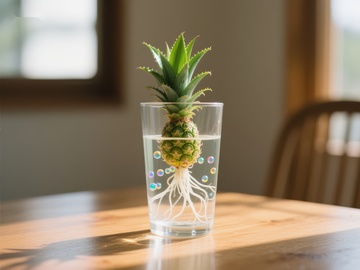 菠萝顶部在水中生根