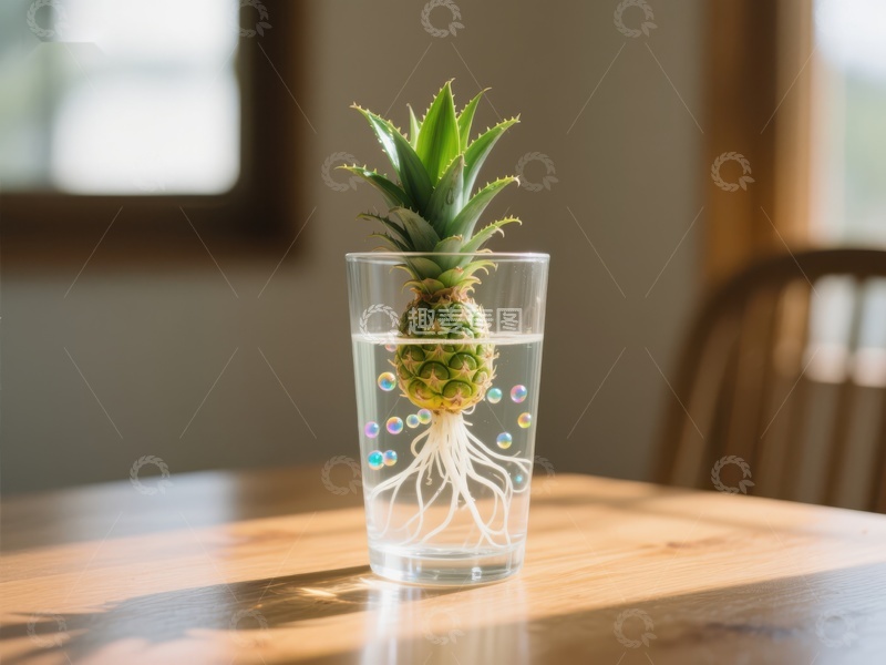 菠萝顶部在水中生根