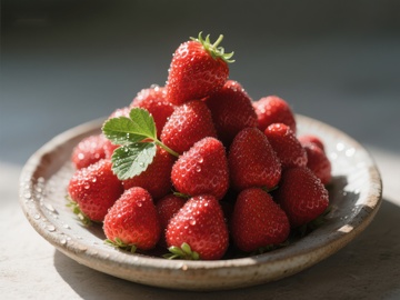 新鲜草莓堆放在陶盘中