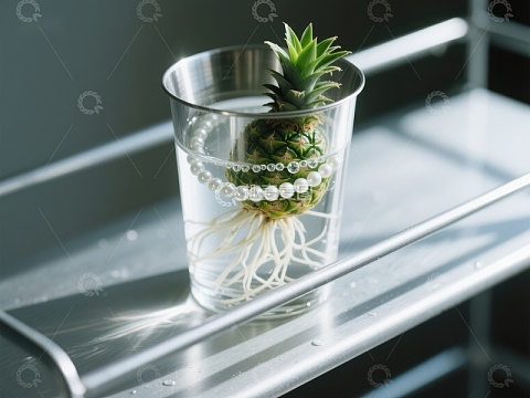 水培植物装饰：透明杯中的绿意与珍珠