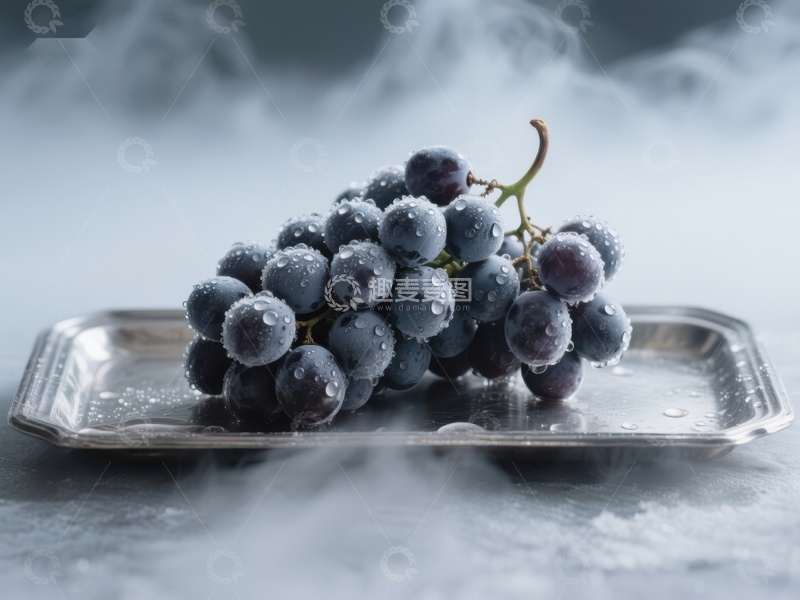 高清大图下载【趣麦麦图】冰冻葡萄置于金属盘中