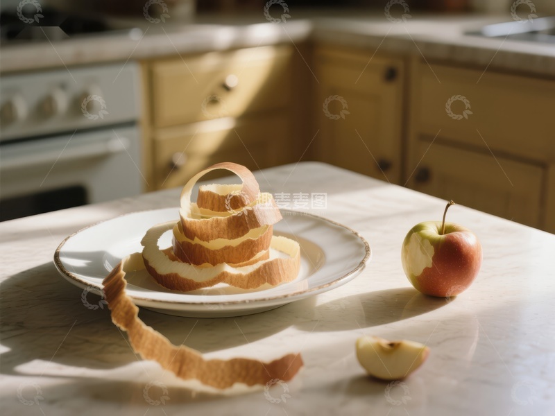 高清大图下载【趣麦麦图】厨房台面上的苹果与果皮
