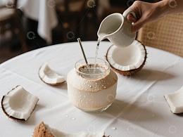 椰子汁倒入玻璃杯