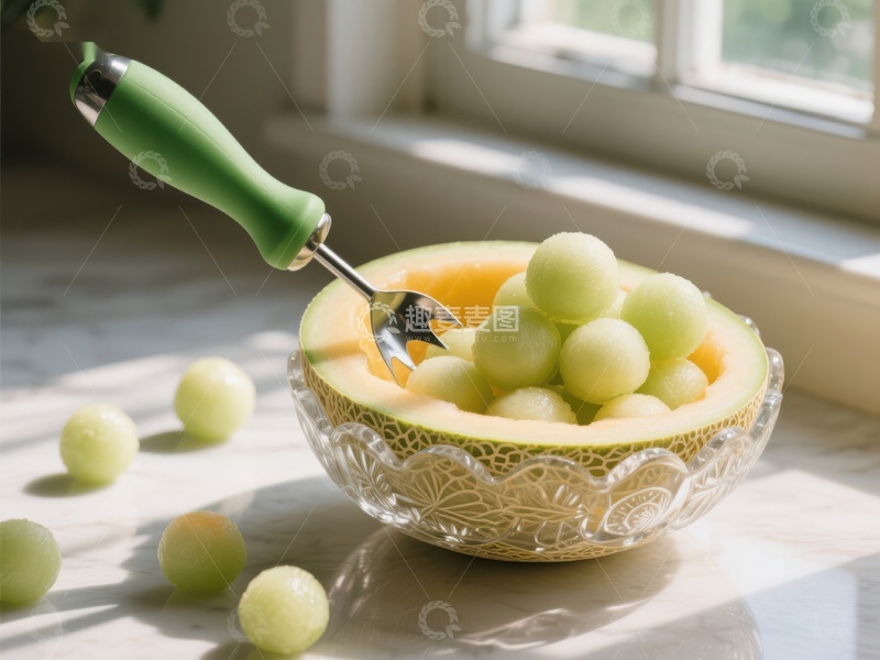 高清大图下载【趣麦麦图】甜瓜球盛于玻璃碗中，叉子点缀