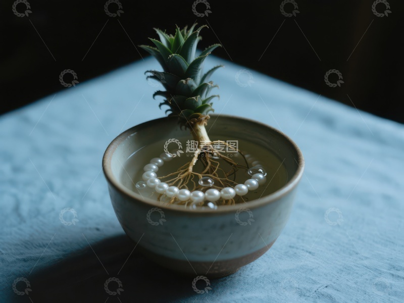 水培菠萝苗与珍珠装饰