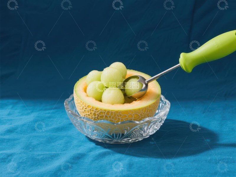 高清大图下载【趣麦麦图】甜瓜碗中盛放葡萄，配以绿色勺子