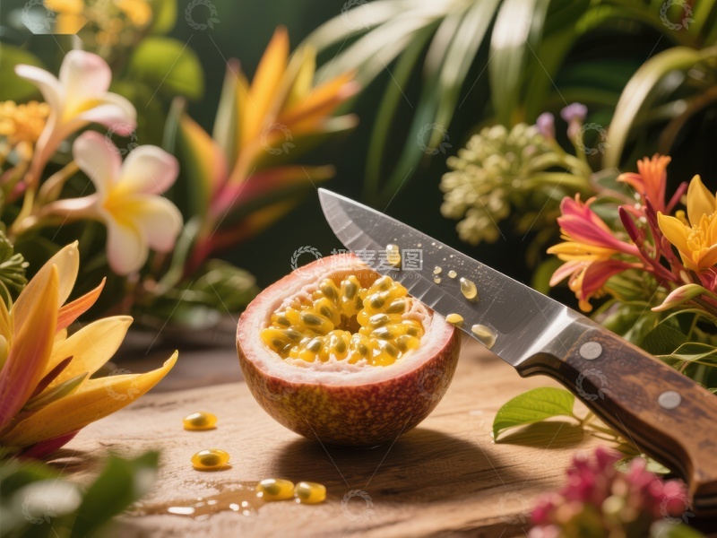 高清大图下载【趣麦麦图】切开的百香果与热带花卉