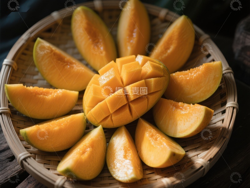 高清大图下载【趣麦麦图】新鲜芒果切片，摆放在竹篮中