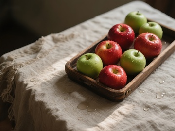 木盘中的红绿苹果