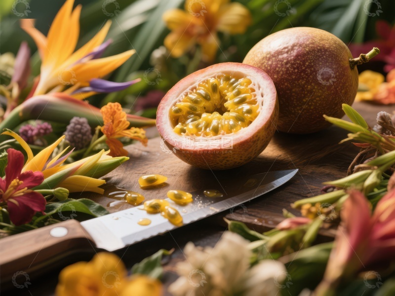 高清大图下载【趣麦麦图】百香果切开，周围环绕着鲜花