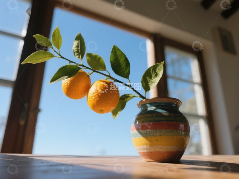 高清大图下载【趣麦麦图】窗边陶瓷花瓶中的橙子枝