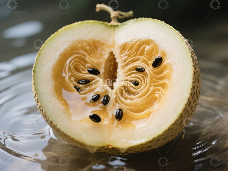 高清大图下载【趣麦麦图】切开的甜瓜，露出多汁果肉和种子