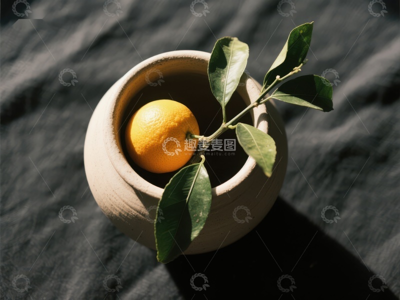 高清大图下载【趣麦麦图】橙子与绿叶置于陶瓷碗中