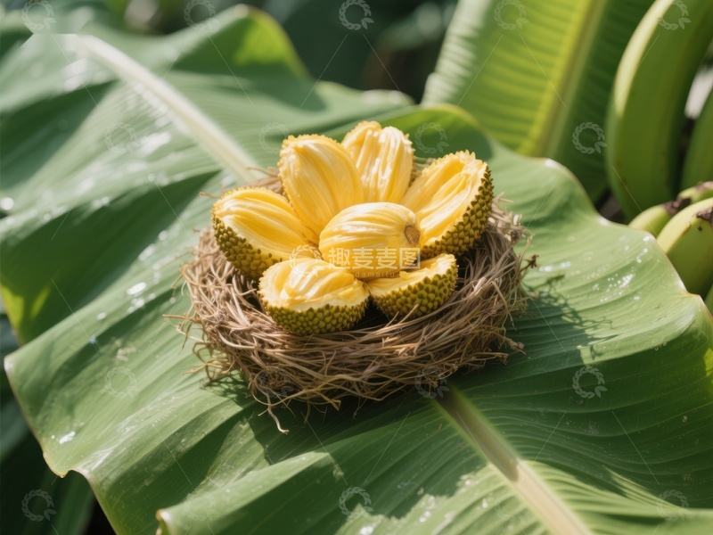 高清大图下载【趣麦麦图】香蕉花置于鸟巢中，绿叶环绕