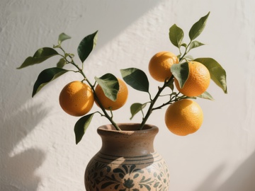 橙子枝条插在陶罐中