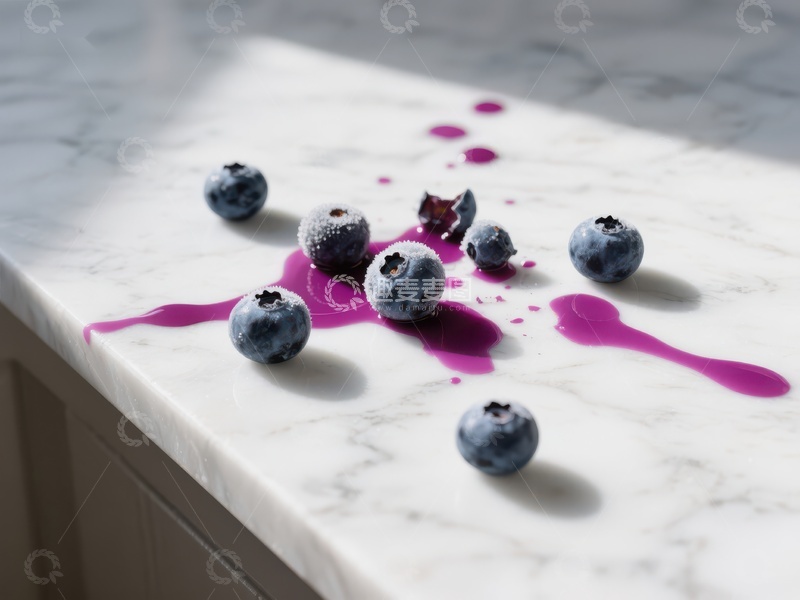 高清大图下载【趣麦麦图】蓝莓散落大理石台面，紫色汁液流淌