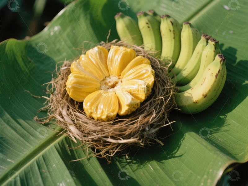 高清大图下载【趣麦麦图】香蕉与面包果置于绿叶上的鸟巢