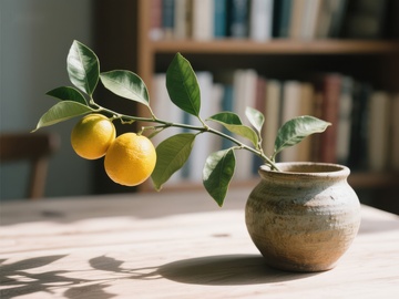 柠檬枝条置于陶罐中，书架背景