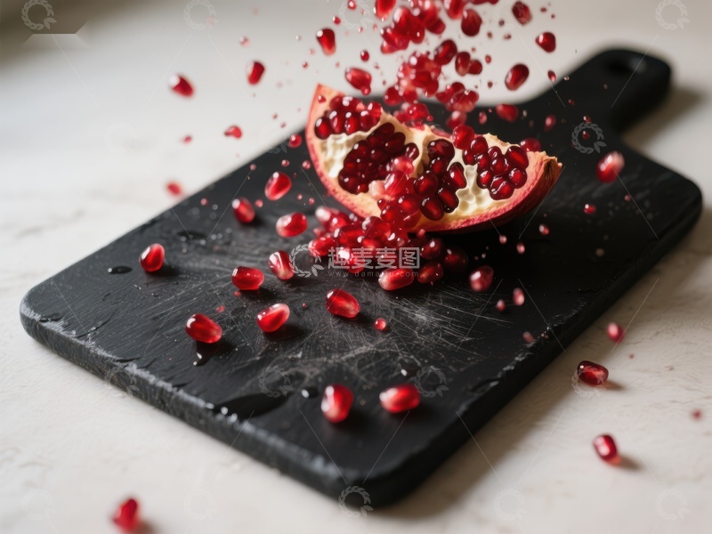 高清大图下载【趣麦麦图】石榴籽粒四溅，黑板砧板上的美食瞬间