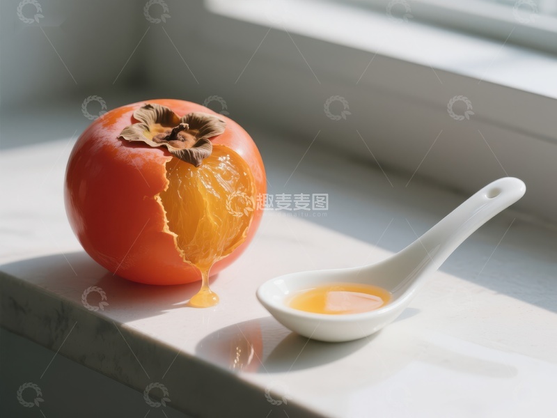 高清大图下载【趣麦麦图】柿子与勺中果肉，窗边静物