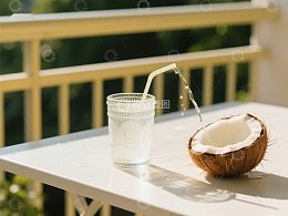 椰子水倒入玻璃杯
