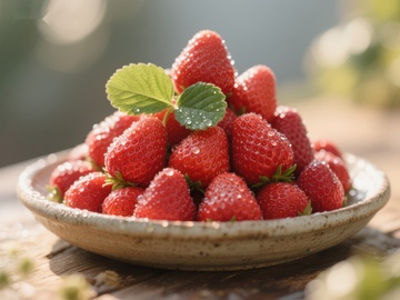 新鲜草莓堆满陶盘