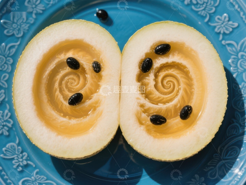 高清大图下载【趣麦麦图】切开的甜瓜，展示内部螺旋纹理