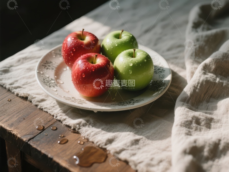 高清大图下载【趣麦麦图】红绿苹果静置盘中，阳光洒落