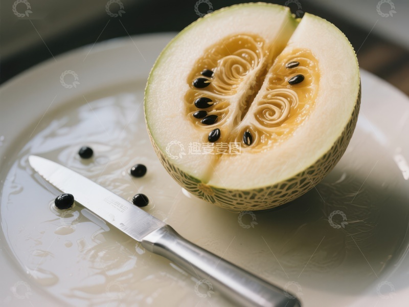 高清大图下载【趣麦麦图】切开的甜瓜与刀具