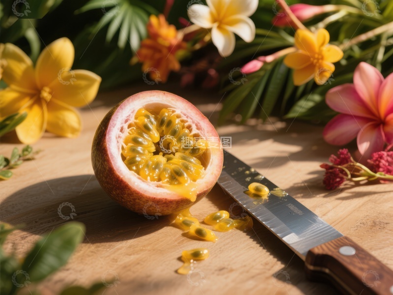 高清大图下载【趣麦麦图】切开的百香果与热带花卉