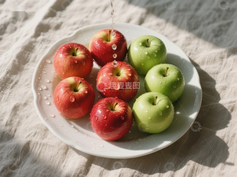 高清大图下载【趣麦麦图】红绿苹果盘中洗，水珠晶莹