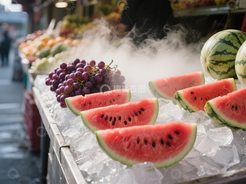 高清大图下载【趣麦麦图】冰镇西瓜与葡萄的市场摊位