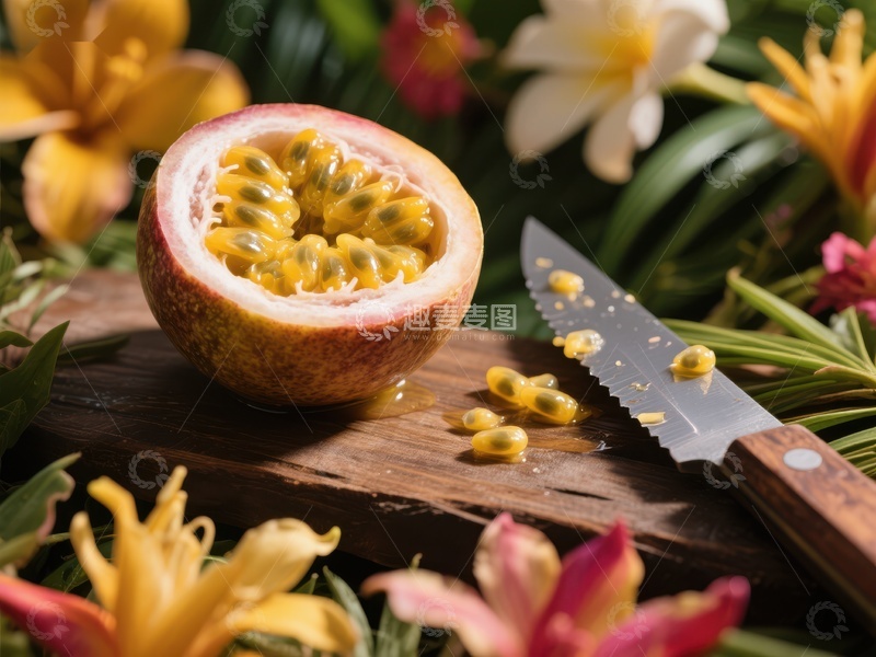 高清大图下载【趣麦麦图】切开的百香果与刀具