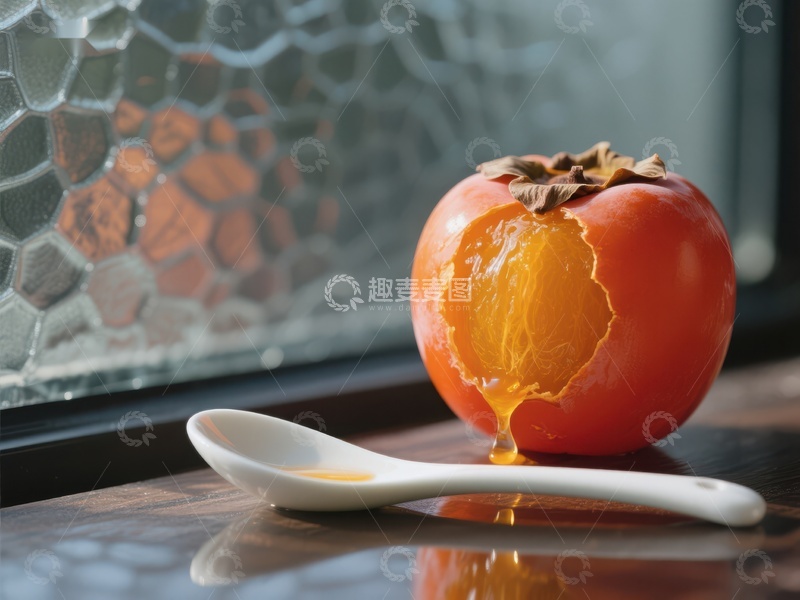 高清大图下载【趣麦麦图】切开的柿子与勺子