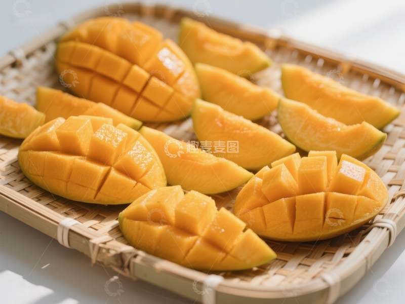 高清大图下载【趣麦麦图】新鲜芒果切片摆放在竹篮中