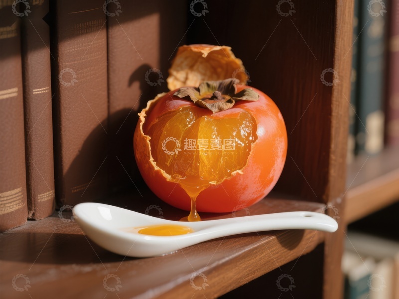 高清大图下载【趣麦麦图】切开的柿子与小勺，书架旁的静物