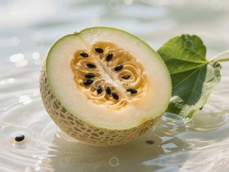 高清大图下载【趣麦麦图】新鲜哈密瓜切面，置于水面之上