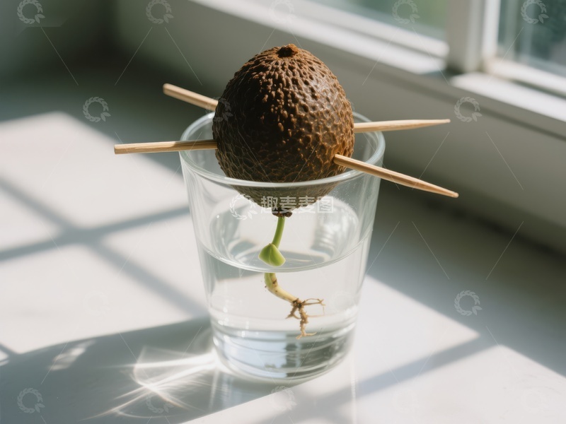 水中发芽的鳄梨核