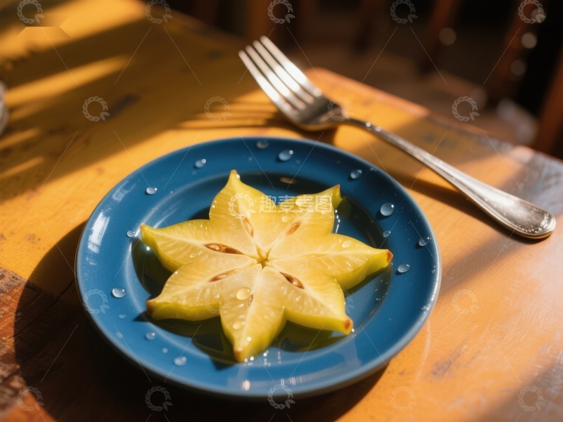 高清大图下载【趣麦麦图】切片杨桃置于蓝色盘中，阳光洒落