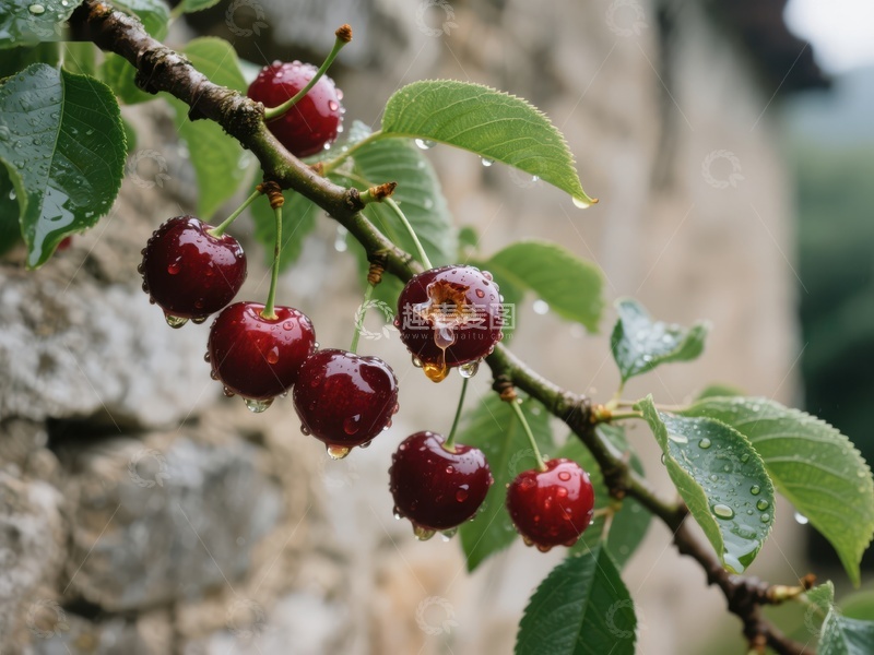 雨后枝头的鲜红樱桃